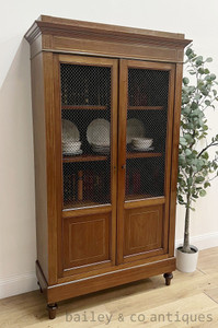 An Antique French Walnut Bookcase Vitrine Brass Mesh Doors - D107