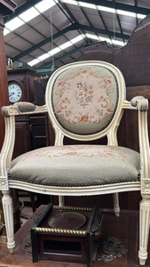 An Antique French Louis XVI Style Medallion Backed Embroidered Armchair - G065