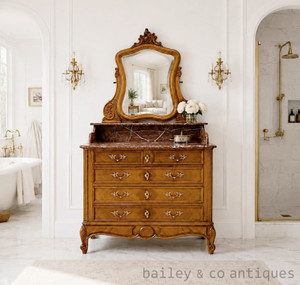 An Antique French Louis XV Style Marble Top Chest of Drawers Vanity with Mirror – Late 19th Century – G049