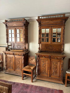 Pair of Antique French Renaissance Revival Oak Deux Corps Buffets – Late 19th Century - G006