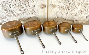 A Set of Five Vintage French Stamped Copper Saucepans - E529