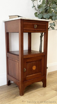 An Antique French Inlaid Marble Top Bedside Cabinet - G047
