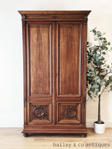 An Antique French Gothic Revival Carved Oak Armoire - G052