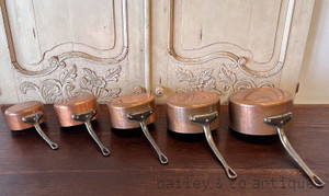 A Set Of Five Vintage French Lined & Hand Beaten Copper Saucepans  - E351