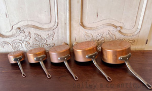 A Set Of Five Vintage French Lined & Stamped Copper Saucepans - E467