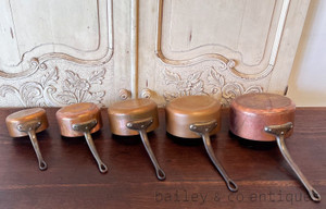 A Set Of Five Rare Vintage “Les Metal Ouvres” French Lined & Stamped Copper Saucepans - E551