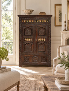 Antique French Rustic Small Armoire Heavily Carved Chestnut  (31 photos)- RF225