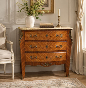 An Antique French Inlaid Marble Topped Commode Bronze Ormolu - E060