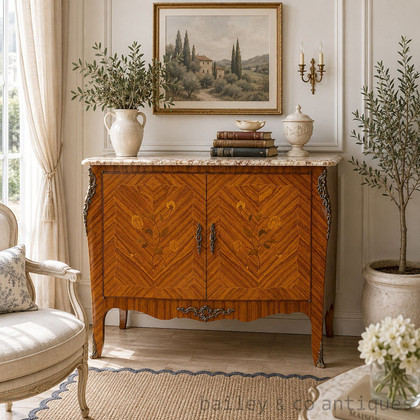 Antique French Louis XV Style Parisian Marquetry Cabinet Marble Top - E061