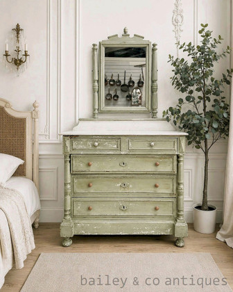 Antique French Marble Topped Painted Drawer Cabinet with Mirror - D109