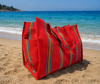A Large Beach Shopping Bag Craft Studio Red Striped - RedTote