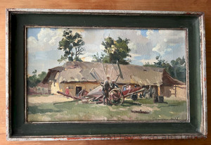 Original 1952 oil painting attributed to Alexey P. Solodovnikov depicting a traditional village forge. Signed, dated and presented in its original vintage frame.