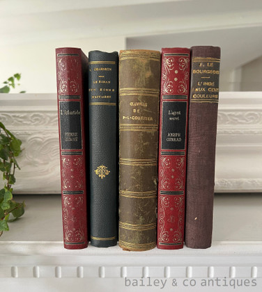 Five Antique or Vintage French Decorative Books - Leather & Cloth Bound - Vintage Library Collection - Pierre Benoit - Joseph Conrad - FB12