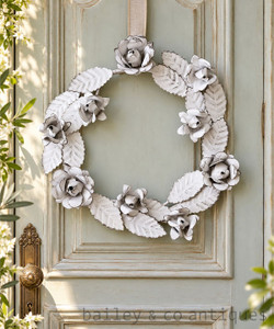 Wreath Antique Style White Metal Roses and Leaves 30cm diameter Xmas - w1
