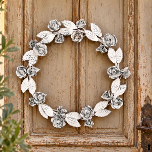 Wreath Antique Style White Metal Roses and Leaves 30cm diameter Xmas - w1