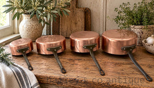 XMAS GIFT - SALE - A Set Of Four Vintage French Stamped & Lined Copper Saucepans Iron Handles - E478