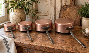 XMAS GIFT - SALE - A Set Of Four Vintage French Stamped & Lined Copper Saucepans Iron Handles - E437