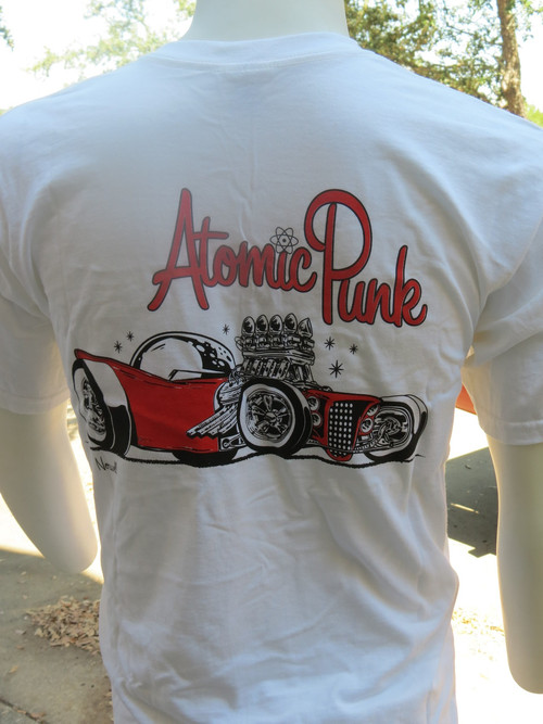 Aaron Grote's phenomenal Atomic Punk appears on the back of this white t-shirt.