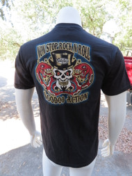 Top hat on skull artwork on back of tee by legendary hot rod artist, Vince Ray.