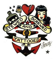 5" x 4 1/2" Sailor Jerry Clear Sticker featuring cool Stewed Screwed and Tattooed illustration