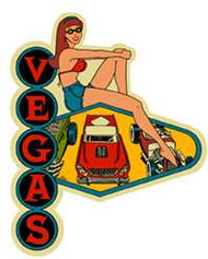 Vegas car show venue sticker, one of six John Bell-penned "West of the Rockies" edition stickers. 4" of vivid 1950's style color.