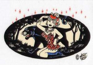 
Panther Girl tattoo style clear vinyl sticker. 2.75" x 3.5"