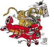 Red Baron - Monster sticker 
Features eyeball creature pilot in Red Baron plane by Kozik. 
Measures 4 1/2" high by 5" wide.