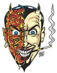5 1/2" x 4" Vinyl Sticker by Vince Ray - Sexy Devil, featuring two sided face - Hidden Sexy Devil Girls on one-half and Evil Devil on other side.
