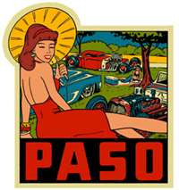A sexy car show venue sticker featuring PASO and an umbrella-toting beauty, one of six "West of the Rockies" John Bell-penned stickers: 4" of vivid 1950's style color