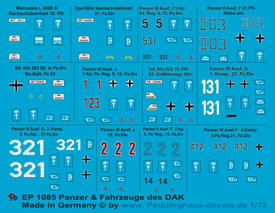 Markings For 12 Panzers & Vehicles of DAK Peddinghaus 1085 New 1/72 Scale