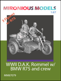 WWII BMW R75 w/ Rommel & Crew 3 Figs Mironious 87079 Resin 3D 1/87 Unfinished