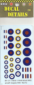 British WWII Aircraft Insignia Decals. I-94 BR121 New 1/100 & 1/144