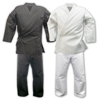 This 6 oz white uniform is made of durable poly/cotton for a wrinkle-free finish - traditional style wrap-around tie top. Pants have an additional double inseam and full gusset - elastic waist with drawstring. Set includes white belt.