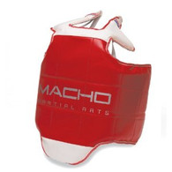 The Macho Competition Hogu for Taekwondo meets or exceeds the necessary tournament requirements for safety. Contoured design for better mobility and minimized shifting while sparring. Modified, contoured shape enables freedom of movement without compromising safety. Competition Hogu chest protector safeguards top of shoulder. Wrap around design provides coverage to kidney area. Reversible red and blue design.