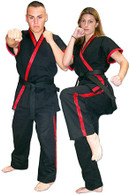 Strike so fast you need racing stripes! These new designs give you a fresh hot look for comfort and durability for any style! Constructed of medium weight 50/50 cotton/poly material, these uniforms are cut for freedom of movement.

Stripes are available in ranking colors: Yellow, Orange, Purple, Green, Blue, Red and Black. Uniforms come in Black, but can also be special ordered in White - call or email for details.

Size	Weight	Height
000	 50 lbs	 4'0"
00	 65 lbs	 4'4"
0	 80 lbs	 4'6"
1	 95 lbs	 4'9"
2	 115 lbs	 5'2"
3	 125 lbs	 5'5"
4	 150 lbs	 5'7"
5	 175 lbs	 5'9"
6	 195 lbs	 6'0"
7	 225 lbs	 6'2"
