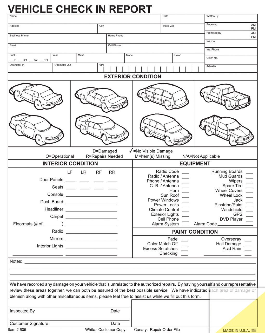 2 Part Vehicle Check in Report Form 45