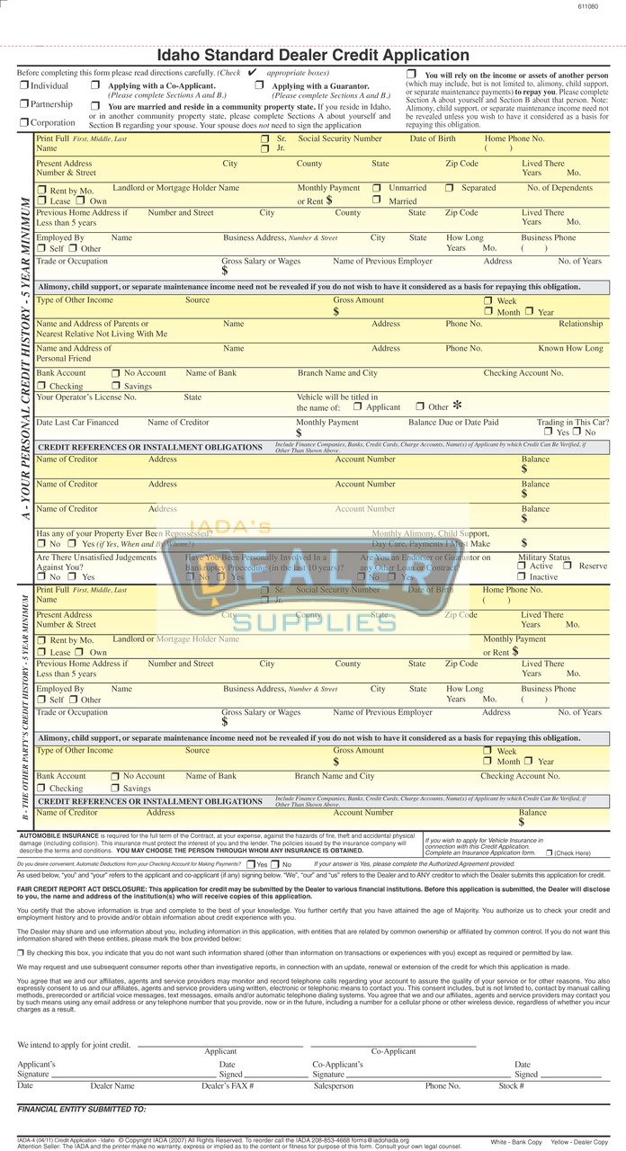 idaho standard dealer credit application iada 4 standard credit application