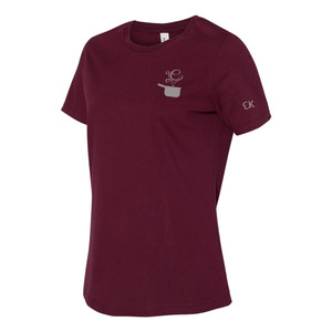 EVERYTHING KITCHENS - GREY - FLC PAN, BACK TEXT, SLEEVE EK - Super Soft LADIES RELAXED FIT Cotton Jersey Tee - Maroon
