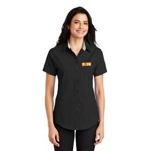 VAEA EMBROIDERED LOGO Ladies Short Sleeve Button-Up Shirt - Black/Light Stone