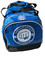 Blue duffle, front pouch with printed Mightyfist logo. On top of pouch, embroidered Mightyfist logo