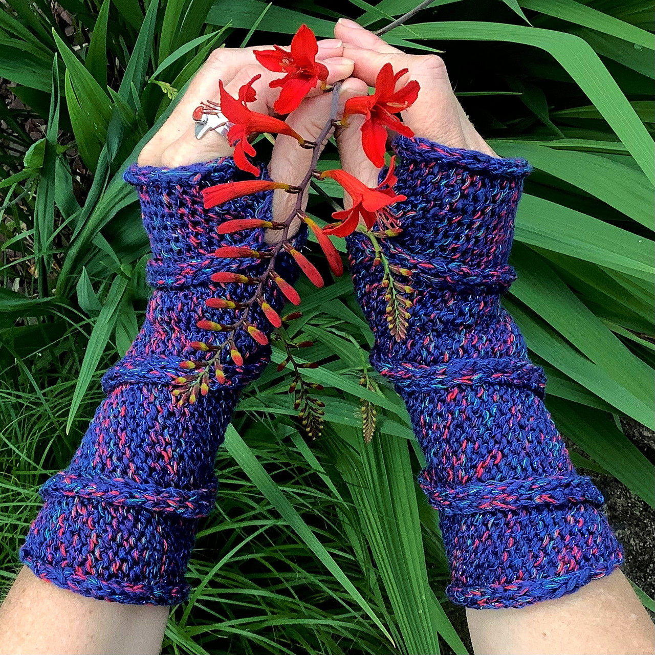 Women's Sparkly Blue Multi Colored Handknit Spiral Fingerless Gloves/Wrist  Warmers/Arm Warmers