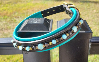 15" Embellished Dog Collar:  aquamarine, hypersthene, onyx