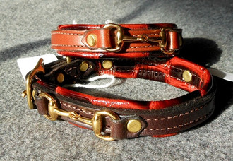 Leather Dog Collar w/Brass Snaffle Bit Embellishments