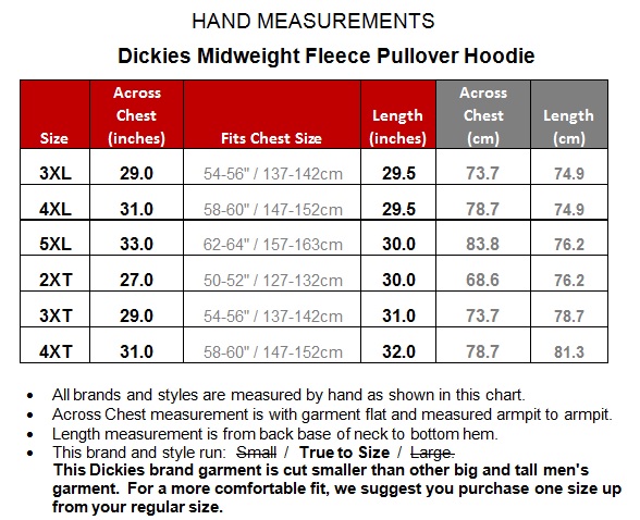 Dickies Hoodie Size Chart