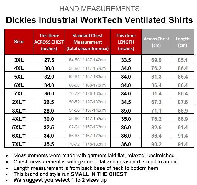 Dickies Mens Shirt Size Chart