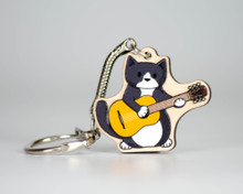 Acoustic Guitar Cat -  Key Ring - Wooden