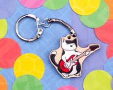 Electric Guitar Cat -  Key Ring - Wooden