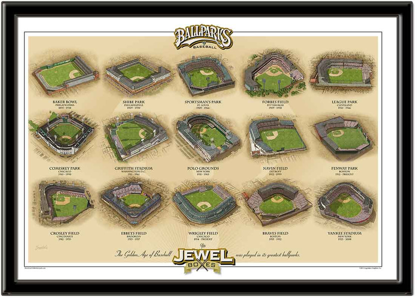 Vintage Baseball Jewel Boxes Ballparks Framed Print Horizontal
