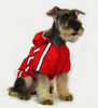 Water resistant hooded dog's raincoat with reflective trim. Velcro closure.