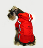 Water resistant hooded dog's raincoat with reflective trim - showing back pocket feature